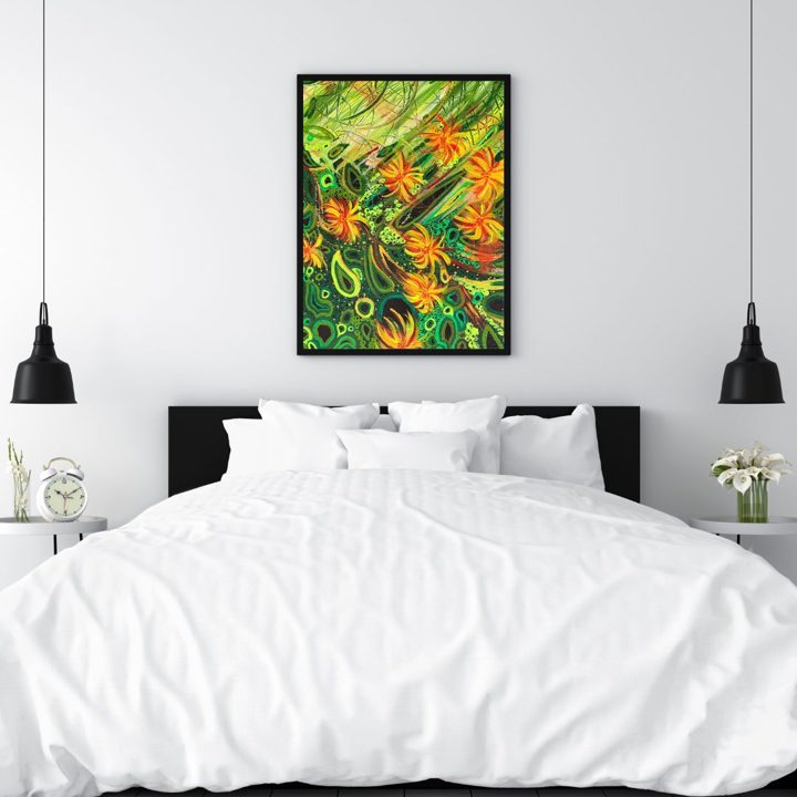 Sea Grass, green and orange botanical painting hanging above a bed